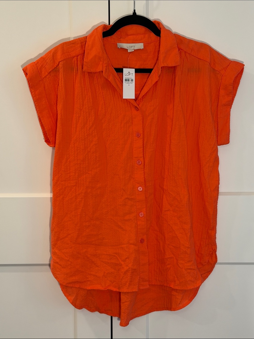 LOFT Bright Orange Cap Sleeve Button-Front Shirt - Picture 2 of 4